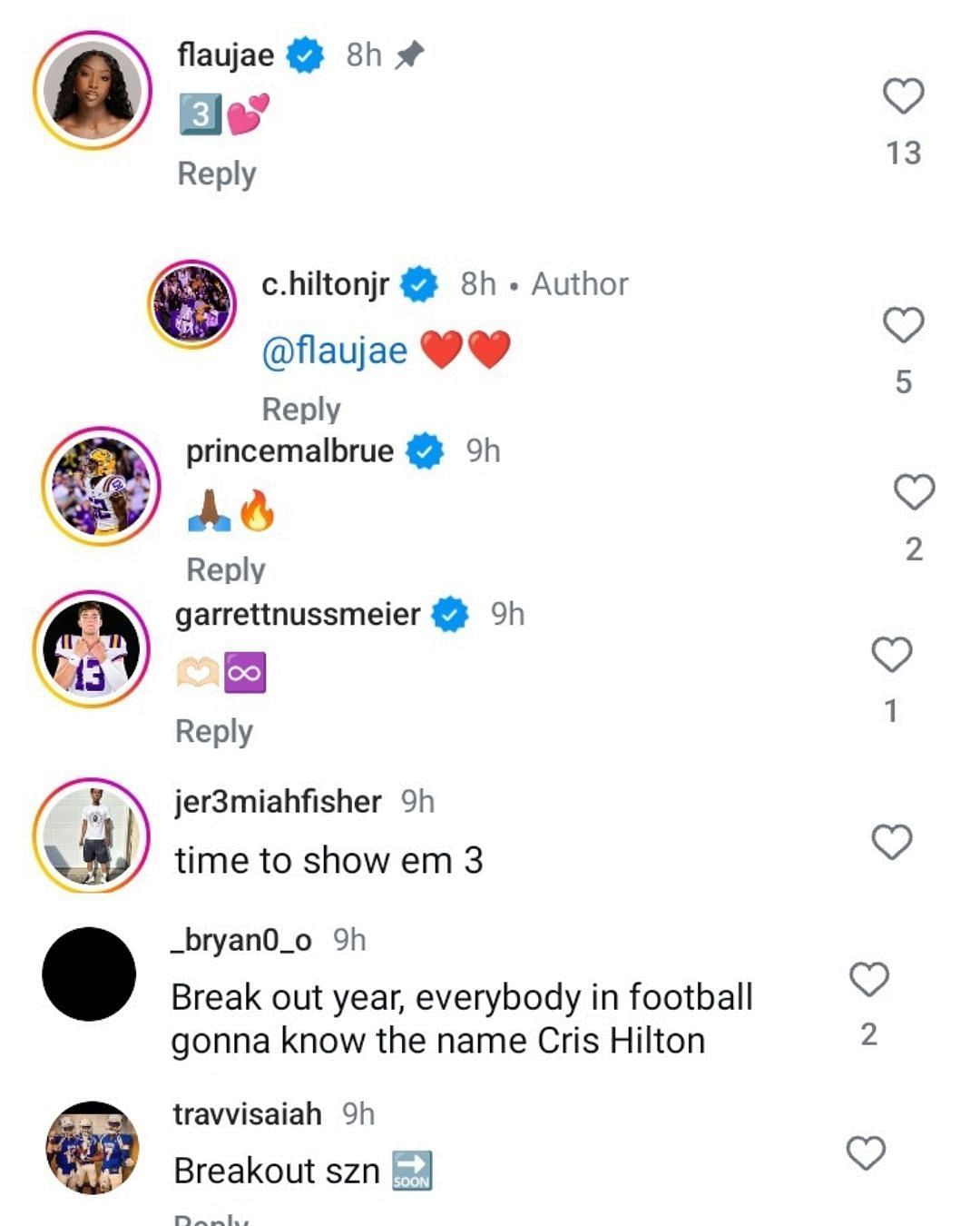 LSU&#039;s Flau&#039;jae Johnson reacts to BF Chris Hilton Jr&#039;s snaps from SEC Football Media Days. (Image via Instagram @c.hiltonjr)