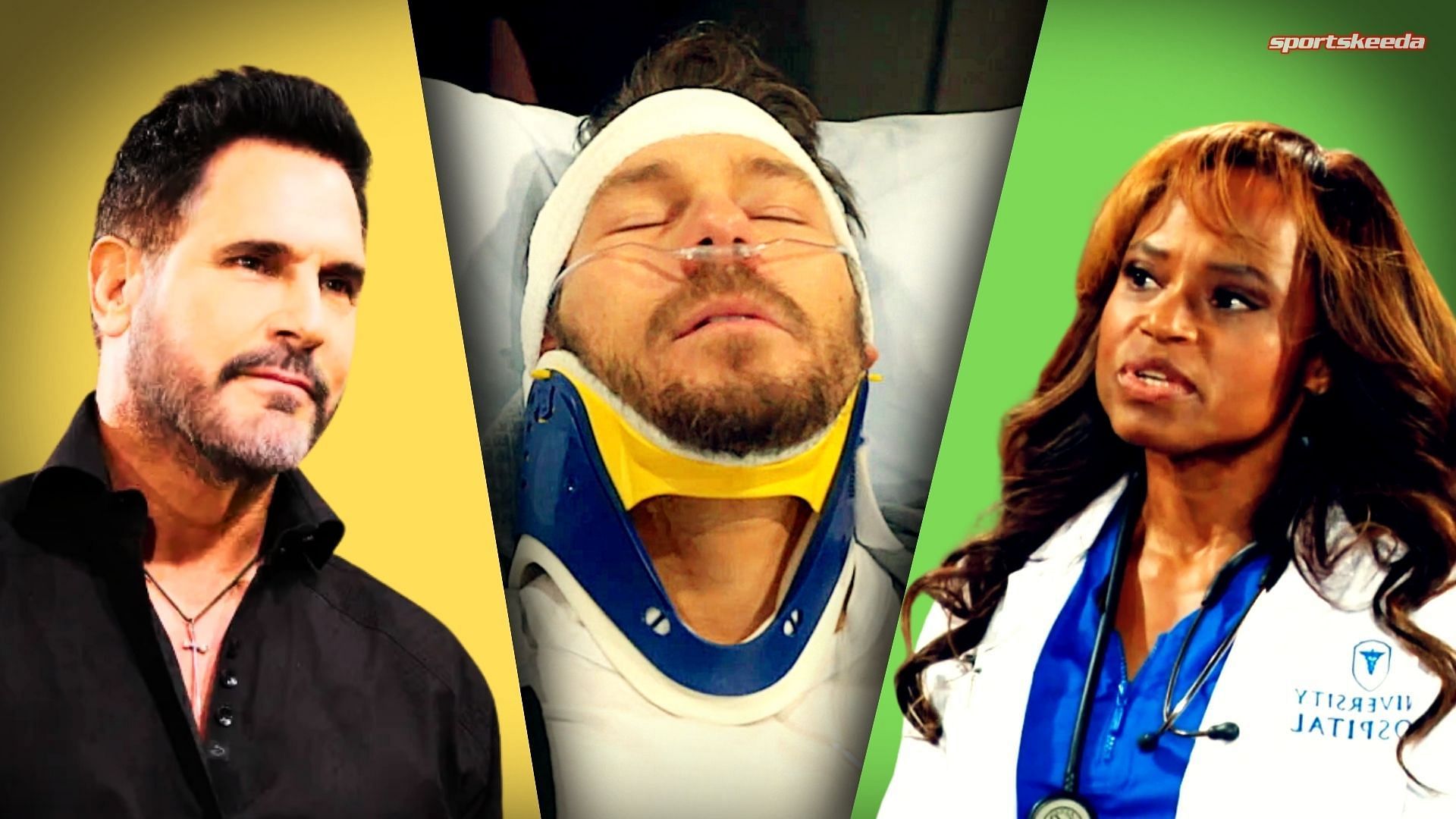From the left, Bill, Liam and Grace on The Bold and the Beautiful (Custom edit by Sportskeeda, Original images via CBS Network)