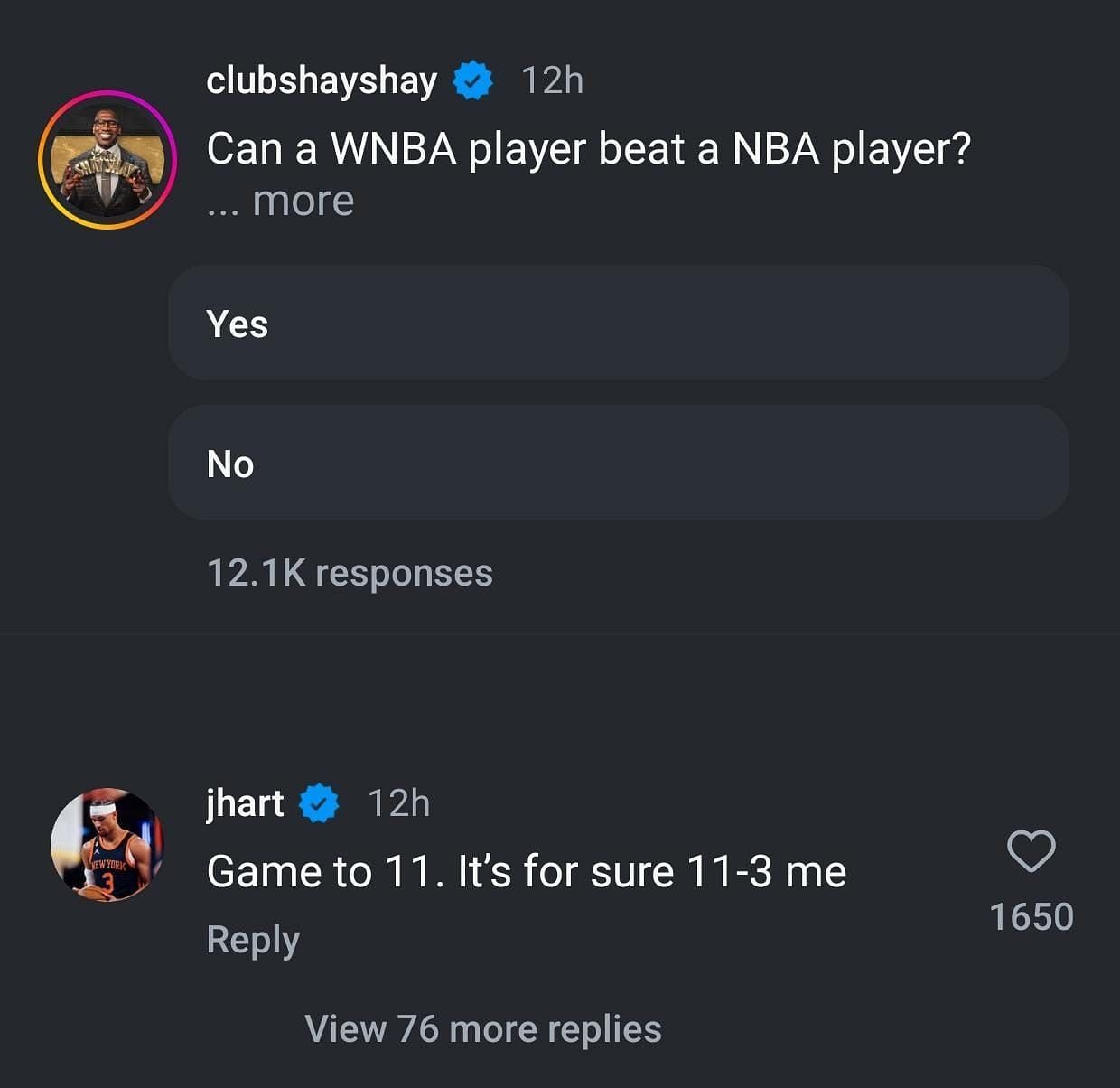 Josh Hart&rsquo;s comment on the NBA vs. WNBA debate - Image via Instagram/@clubshayshay