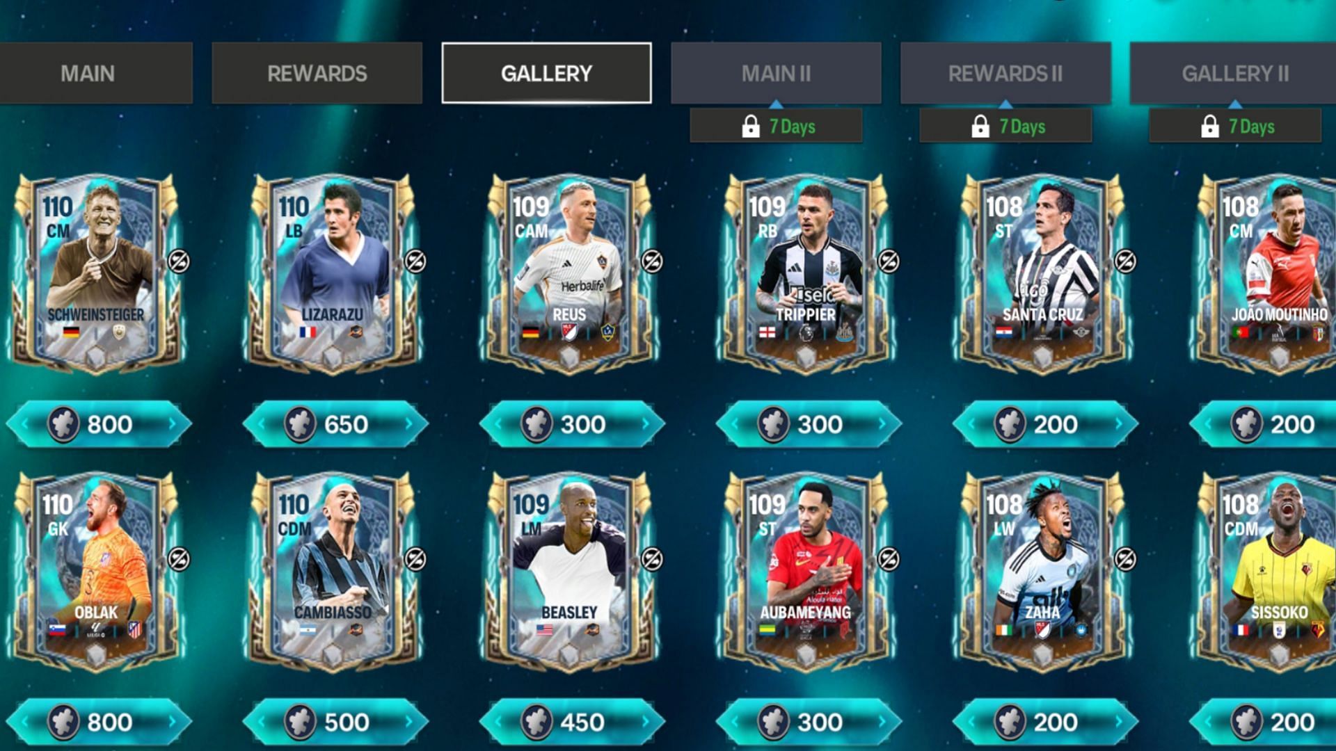 Snippet showing present-day players for the EA FC Mobile Ragnarok Mighty Winter Week 3 Shards exchanges (Image via EA Sports)