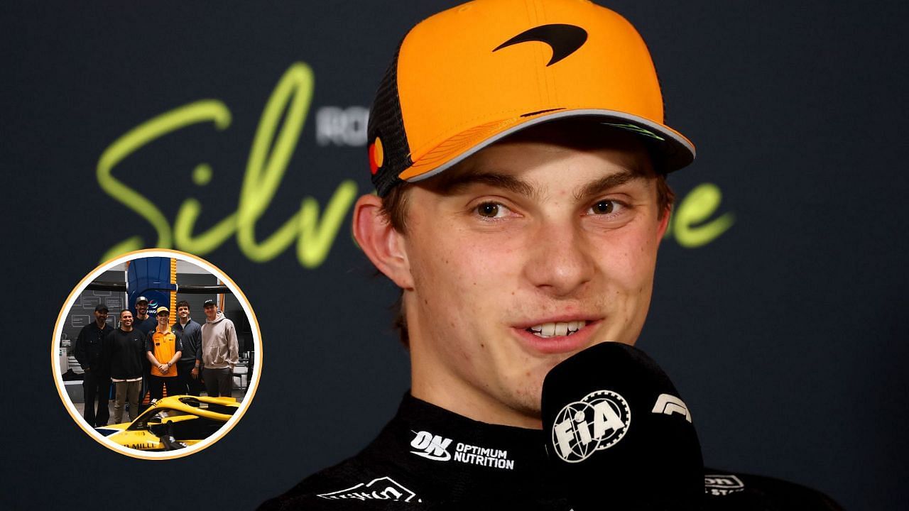 Oscar Piastri joined by members of the Australian Cricket Team at the McLaren Technology Centre. [Image via Getty] [Inset via Instagram/@mclaren]
