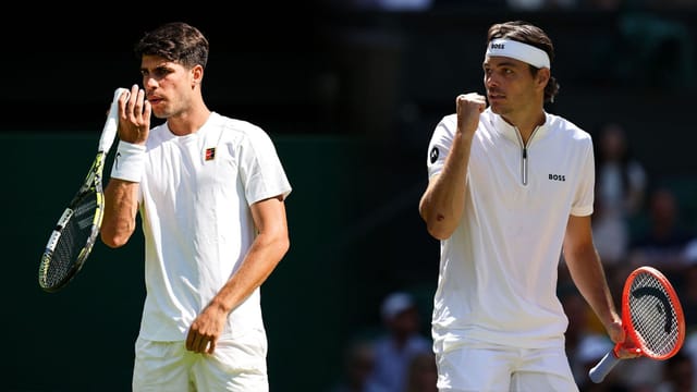 Split image showing Carlos Alcaraz (left) and Taylor Fritz (right) during their Wimbledon match. Alcaraz wipes his face with a wristband, holding his racket in the other hand, while Fritz clenches his fist in celebration, both dressed in white tennis attire.