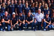 (From bottom left) Jonathan Wheatley, Sergio Perez, Adrian Newey, Christian Horner, Dr Helmut Marko, and Max Verstappen at COTA. Source: Getty