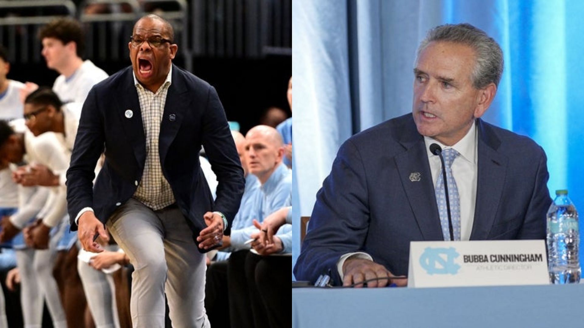 North Carolina Tar Heels coach Hubert Davis and UNC athletic director Bubba Cunningham. Source: Imagn