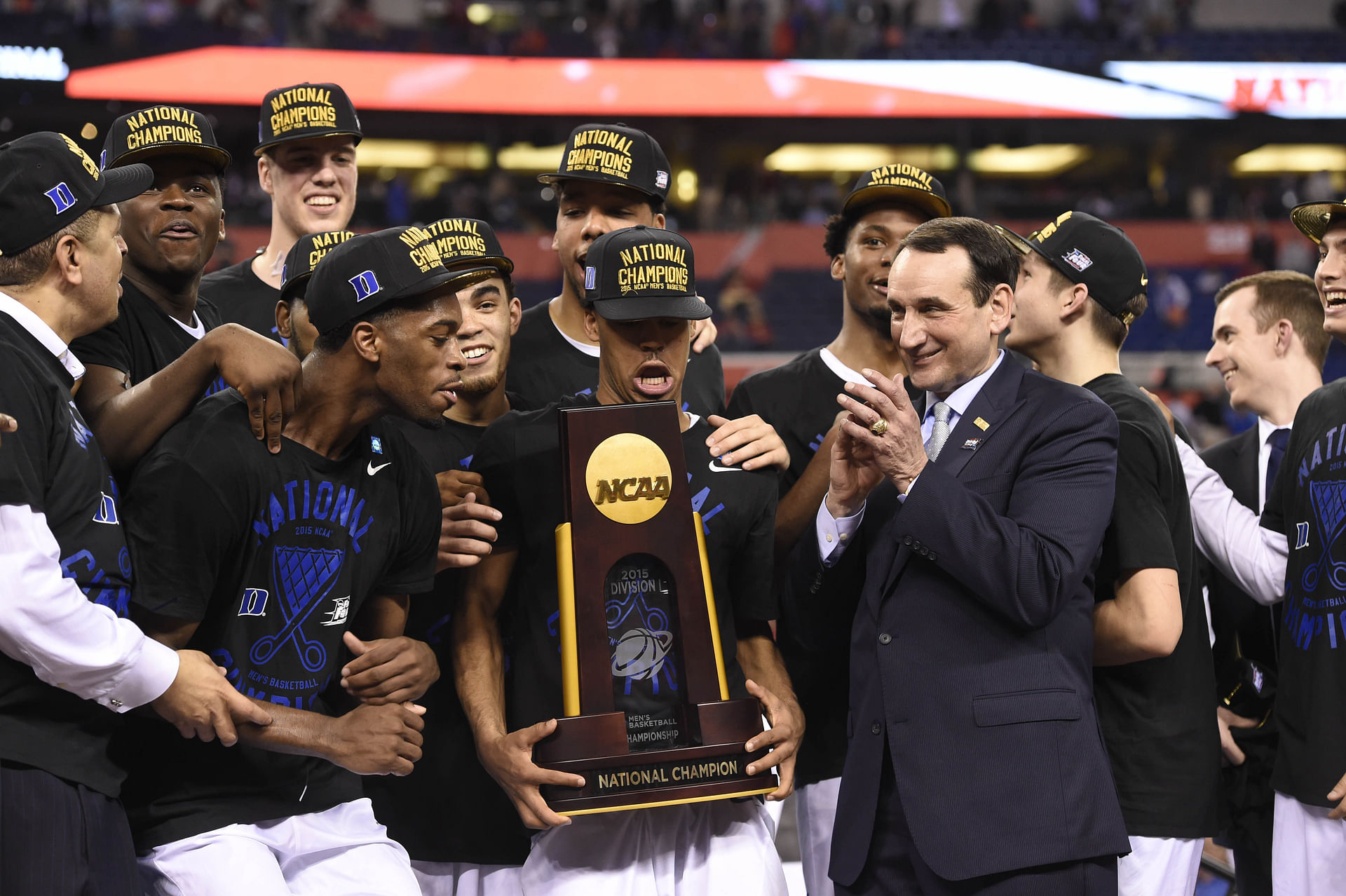 Duke Blue Devils celebrates NCAA TOPHY on the platform after beating Wissonsin Badgers 68-63 in the 2015 NCAA Championship at Lucas Oil. Photo: Imagn