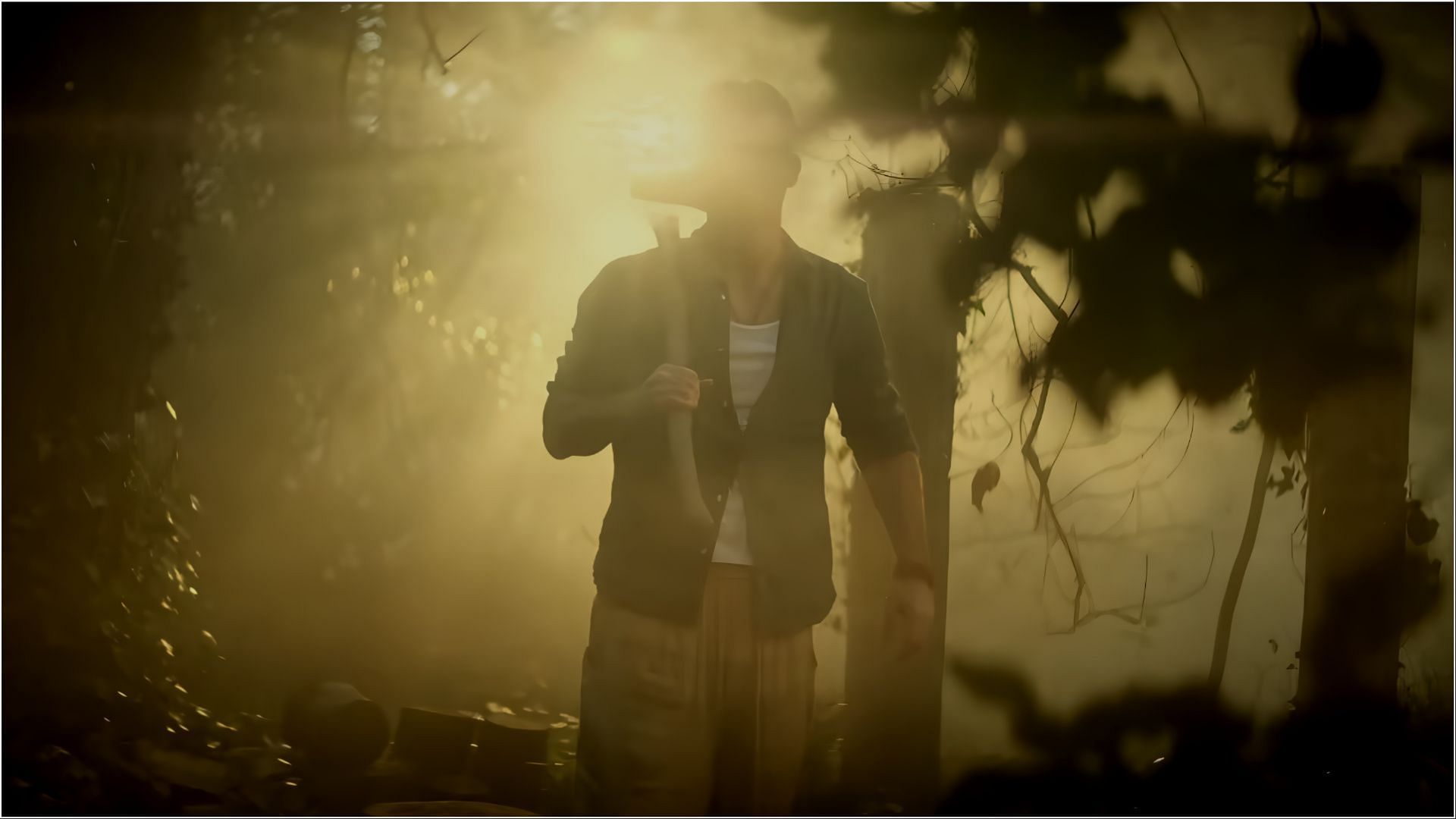 A silhouette of Destruction walking through a foggy, golden-lit forest with an axe, from The Sandman season 2.