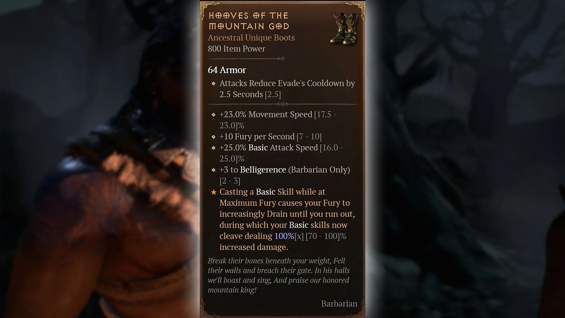 The Hooves of the Mountain God unique boots come with a solid list of Stats and Unique Items (Image via Blizzard Entertainment)