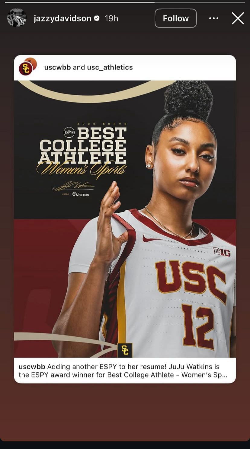 Jazzy Davidson celebrates JuJu Watkins after major ESPY win - Image source: Instagram/jazzydavidson