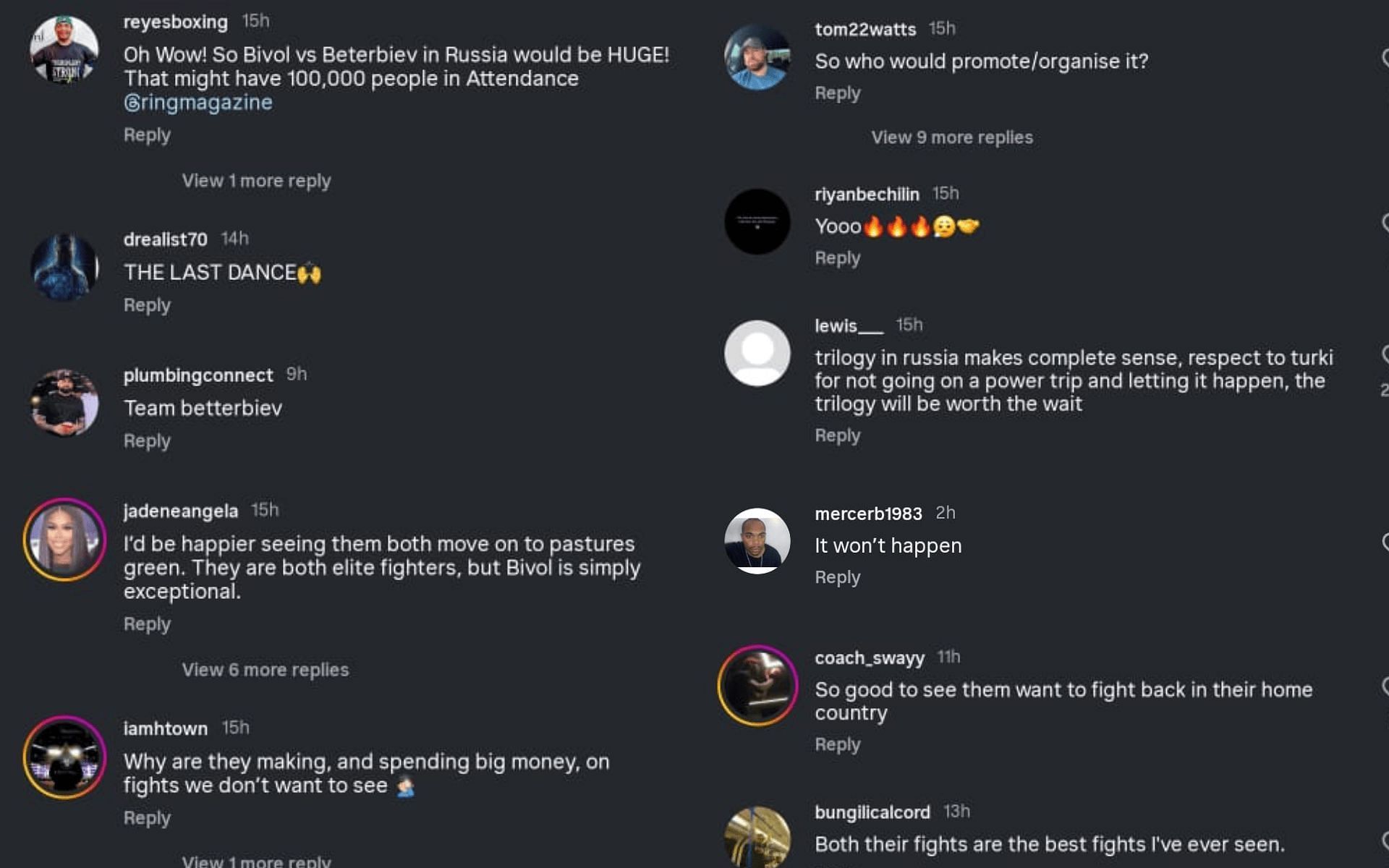 Fans&#039; reaction to the update regarding the Dmitry Bivol vs. Artur Beterbiev trilogy fight. [Screenshots courtesy: @ringmagazine on Instagram]