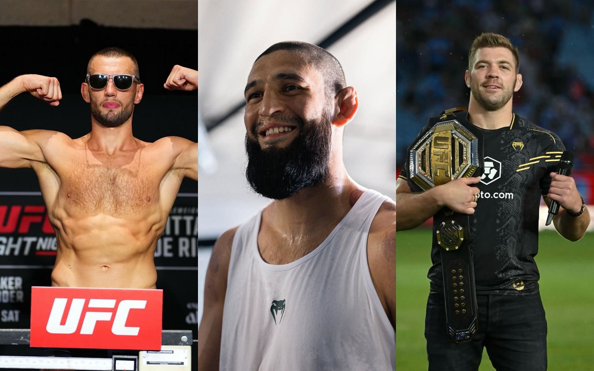 Reinier de Ridder (left) talks about Khamzat Chimaev (center) and Dricus du Plessis (right). [Images courtesy: @ufc and @dricusduplessis on Instagram]