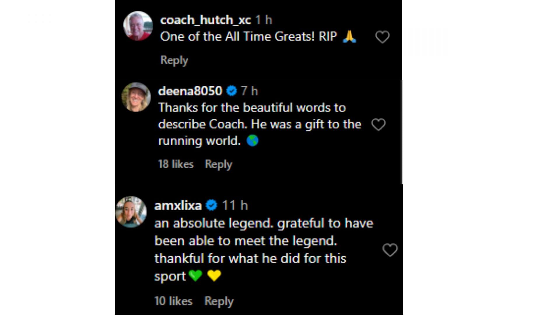 Screengrabs of comments posted in honor of Joe Vigil [Image Source: Citius Mag Instagram]
