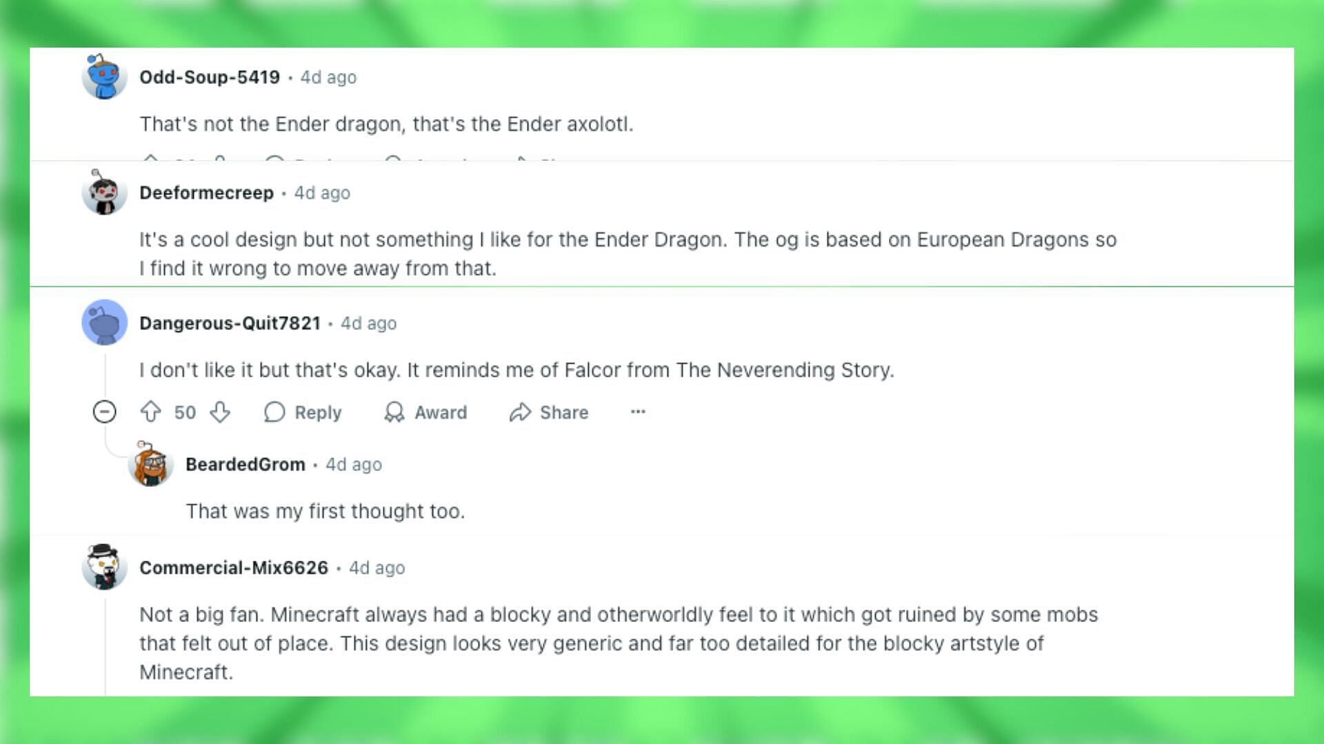 Redditors react to the Minecraft ender dragon redesign (Image via Reddit)