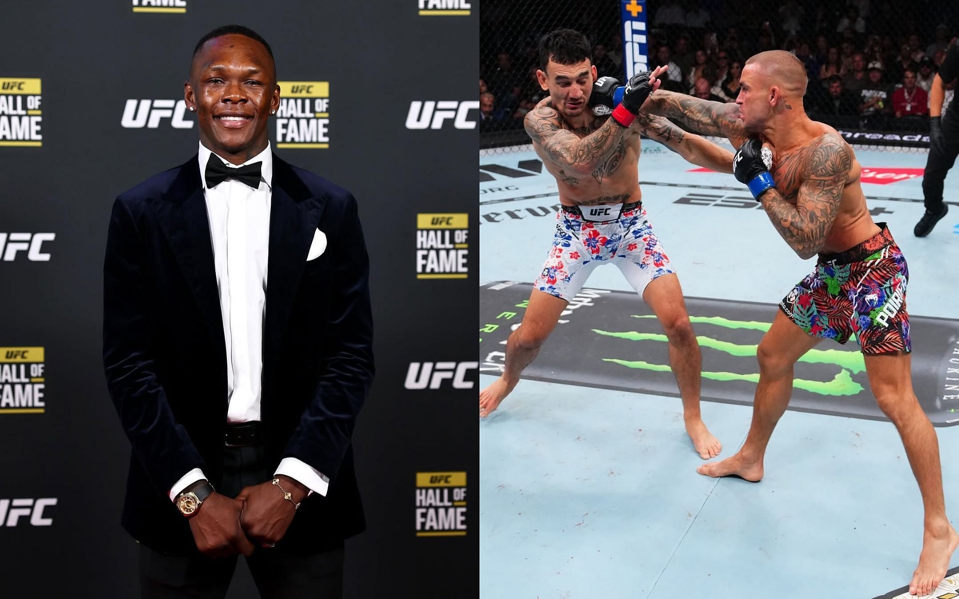 Israel Adesanya (left) reacts to the Max Holloway (center) vs. Dustin Poirier (right) clash at UFC 318. [Images courtesy: @stylebender and @ufceurope on Instagram]