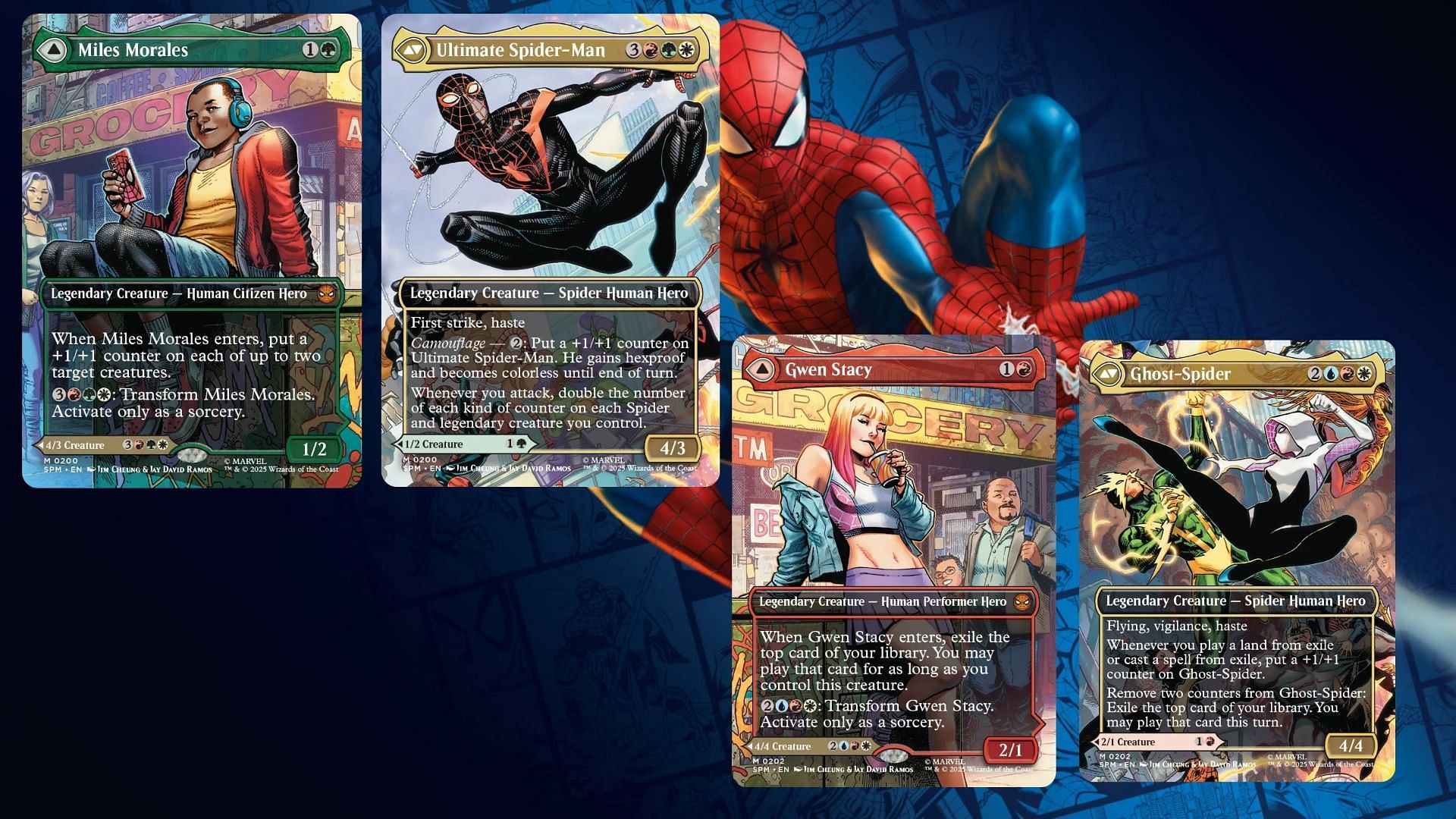 Miles Morales and Gwen Stacy both transform, and both sides appear to form different scenes (Image via Wizards of the Coast)