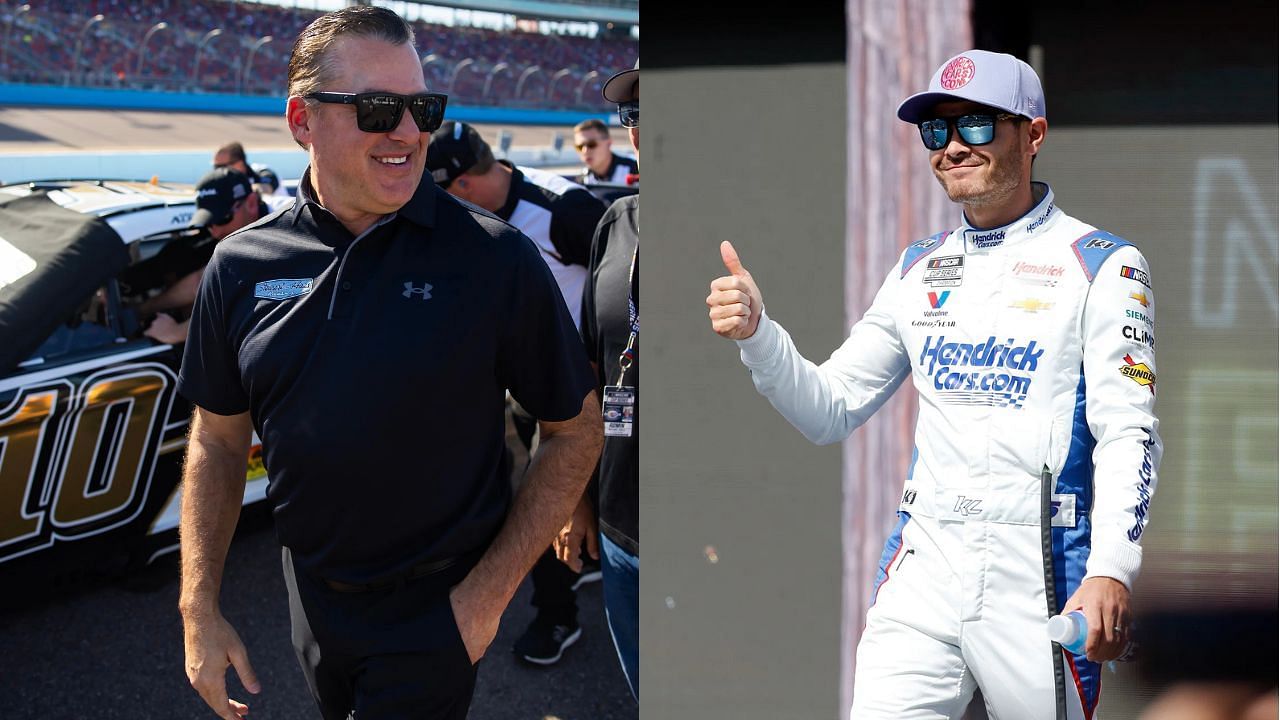 A side-by-side image of (Left) Nov 4, 2023; Avondale, Arizona, USA; NASCAR Cup Series team owner Tony Stewart during qualifying for the NASCAR Championship Race at Phoenix Raceway. Mandatory Credit: Mark J. Rebilas-Imagn Images and Mar 2, 2025; Austin, Texas, USA; NASCAR Cup Series driver Kyle Larson (5) walks out onto the stage for driver introductions before the EchoPark Automotive Grand Prix at Circuit of the Americas. Mandatory Credit: Jamie Harms-Imagn Images