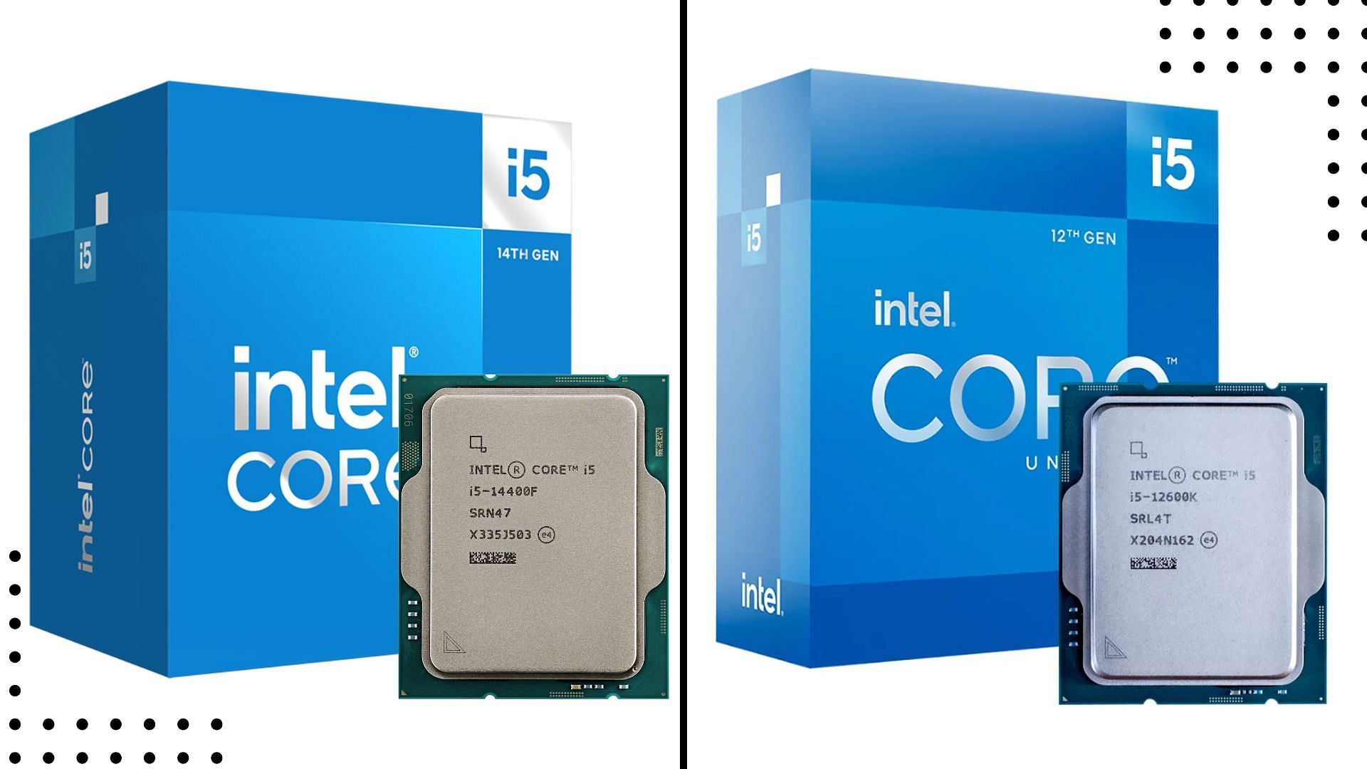 The Core i5-14400 and i5-12600K are capable budget chips for gamers (Image via Amazon, Van Servicios, and Trivico Technology)