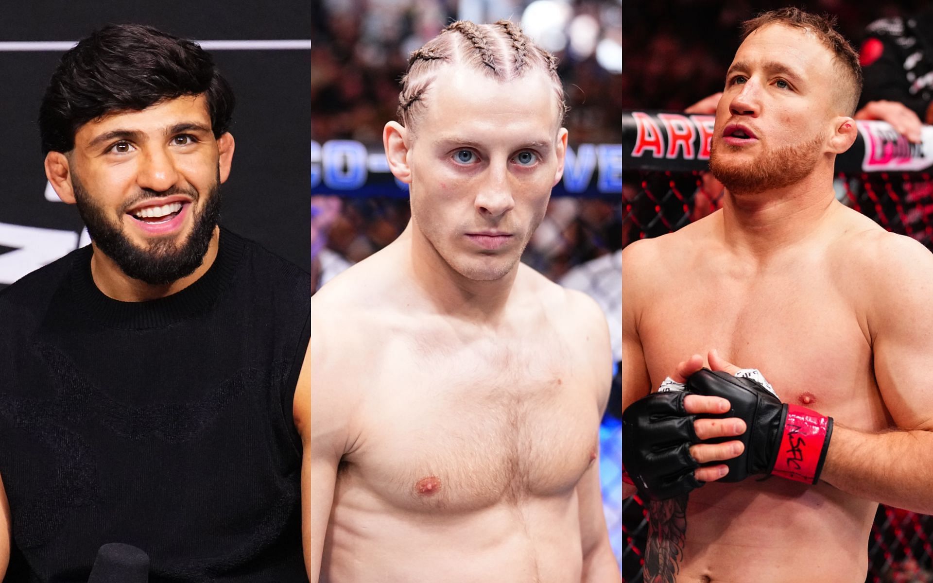 Paddy Pimblett (middle) talks Justin Gaethje (right) or Arman Tsarukyan (left) fights. [Images courtesy: Getty Images] 