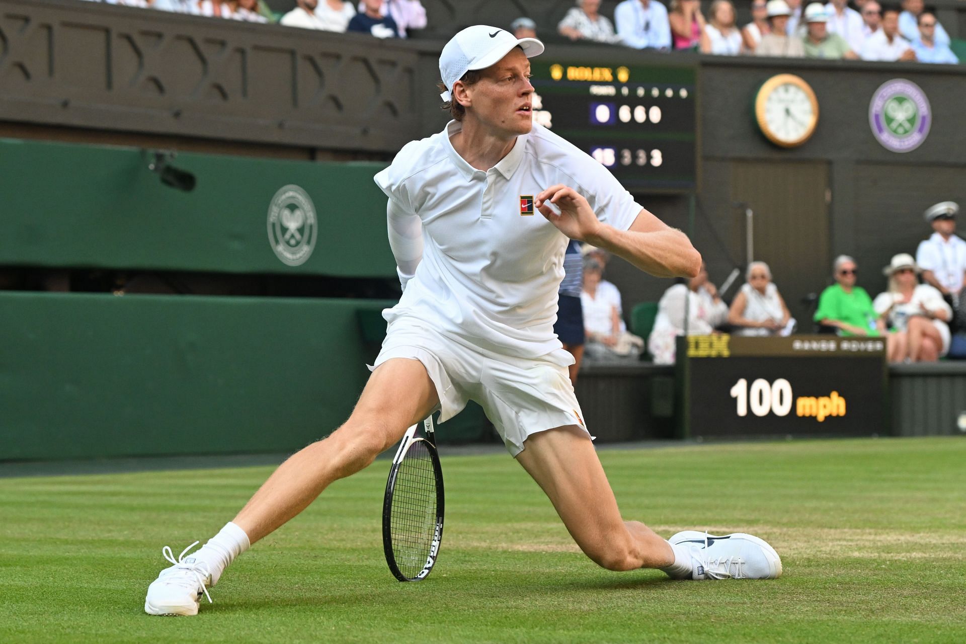 Sinner stretches for a point at the Wimbledon Tennis Championships - Day 12 - Source: Getty