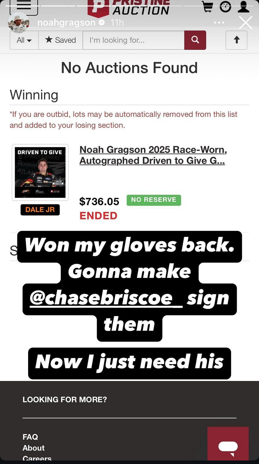 Gragson&#039;s Instagram Story via Instagram