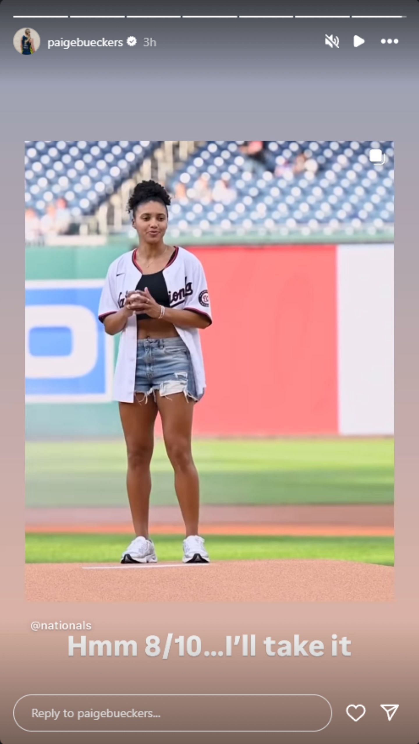 Paige Bueckers comments on Azzi Fudd&#039;s first pitch at Nationals game. (Photo: @paigebueckers on IG)