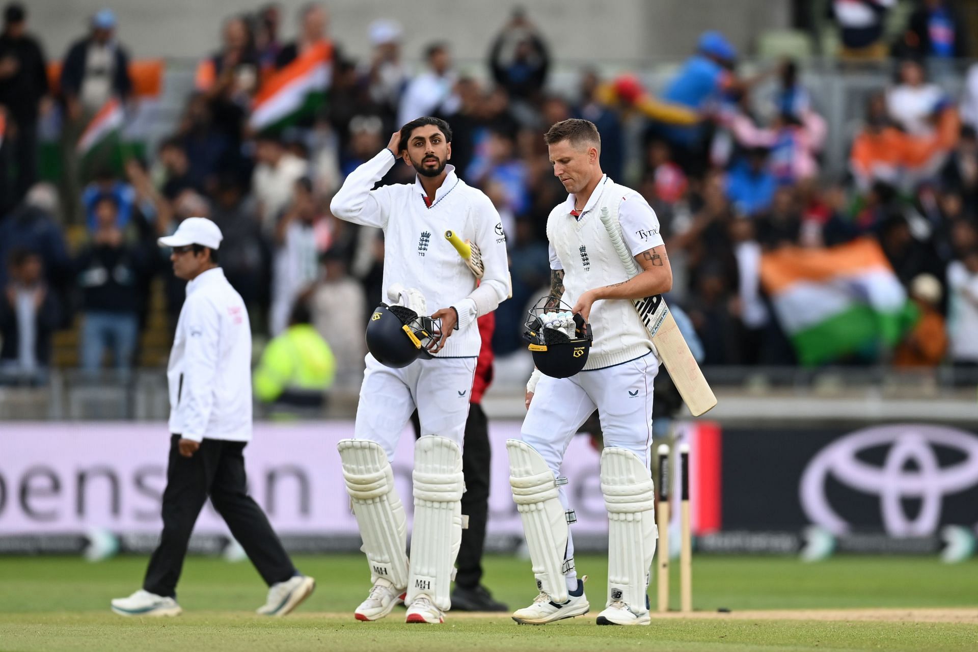 Shoaib Bashir and Brydon Carse after England&#039;s defeat at Edgbaston. (Credits: Getty)