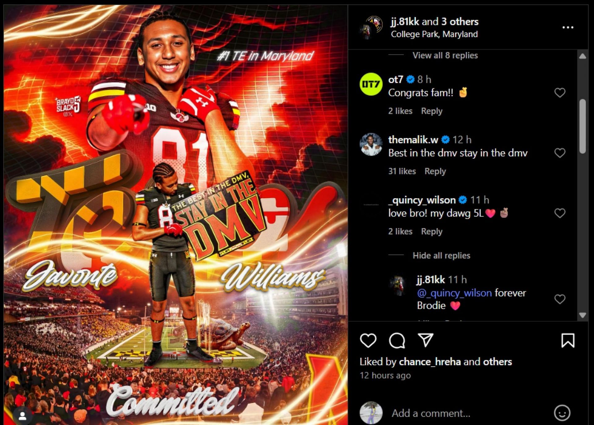 Wilson reacts to Javonte Williams&#039; commitment; Instagram - @jj.81k