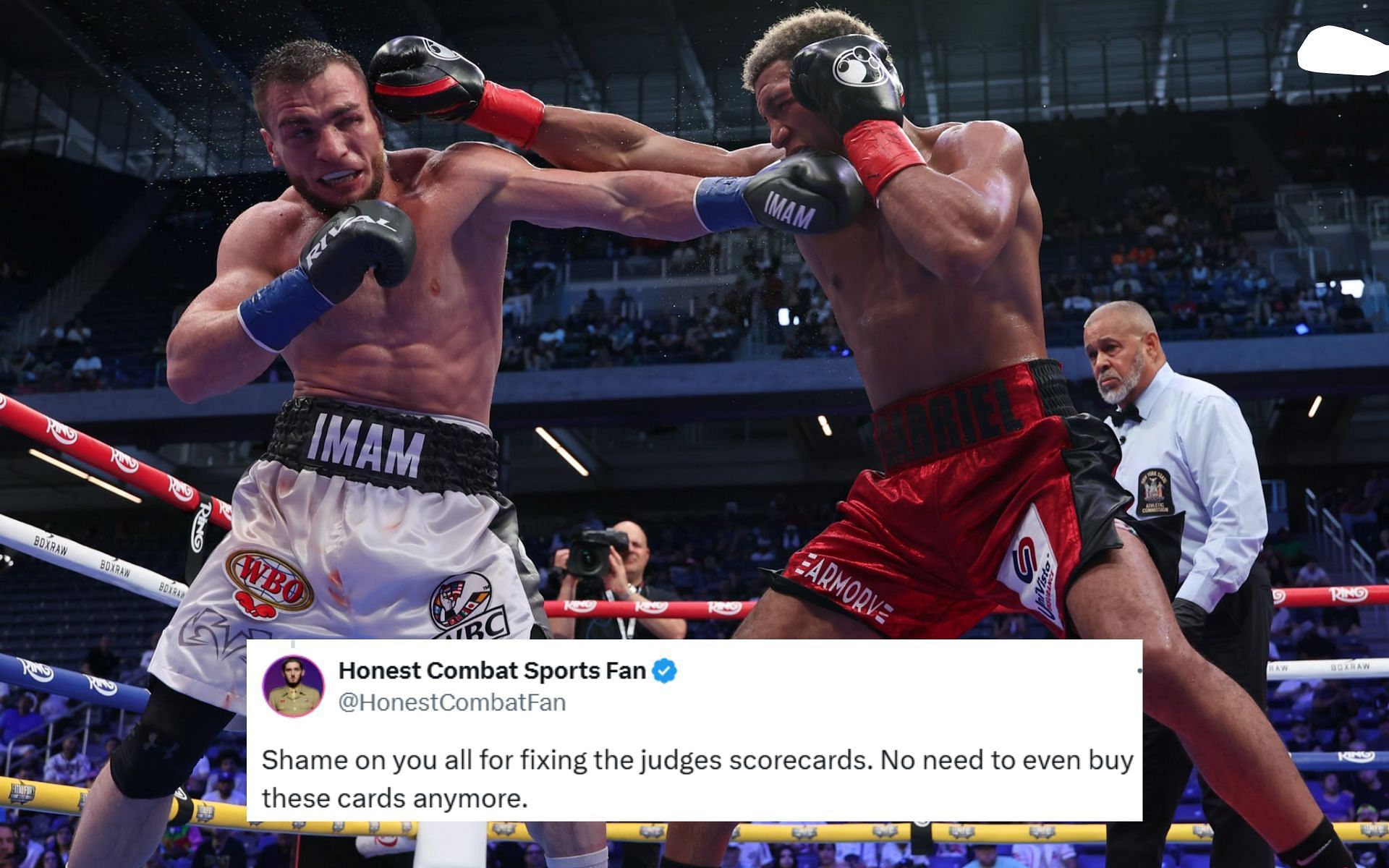 Imam Khataev (left) suffered the first loss of his professional boxing career against David Morrell (right). [Image courtesy: @DAZNBoxing on X]