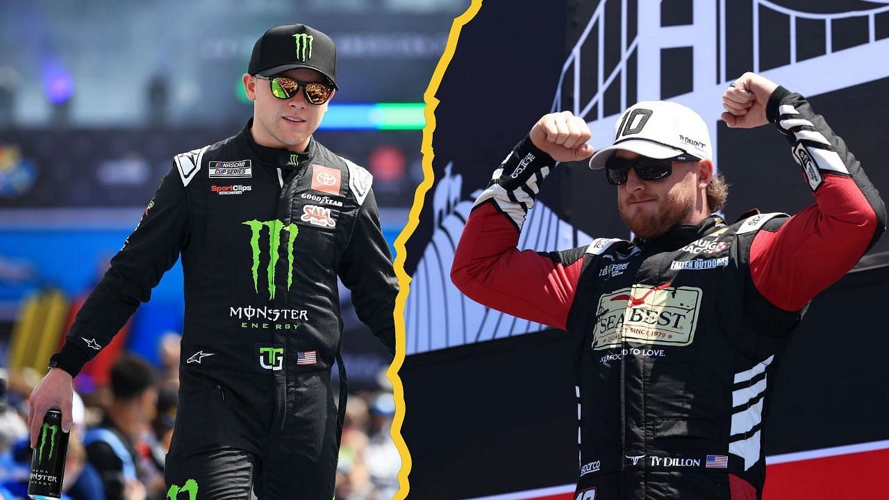 A side-by-side image of (L) DAYTONA BEACH, FLORIDA - FEBRUARY 16: Ty Gibbs, driver of the #54 Monster Energy Toyota greets fans as he walks onstage during driver intros prior to the NASCAR Cup Series Daytona 500 at Daytona International Speedway on February 16, 2025 in Daytona Beach, Florida. (Photo by Mike Ehrmann/Getty Images) and (R) SONOMA, CA - JULY 13: Ty Dillon (#10 Kaulig Racing Sea Best Chevrolet) during driver introductions before the start of the NASCAR Cup Series Toyota/Save Mart 350 on July 13, 2025, at Sonoma Raceway in Sonoma, CA. (Photo by Marc Sanchez/Sonoma Raceway/Icon Sportswire via Getty Images)
