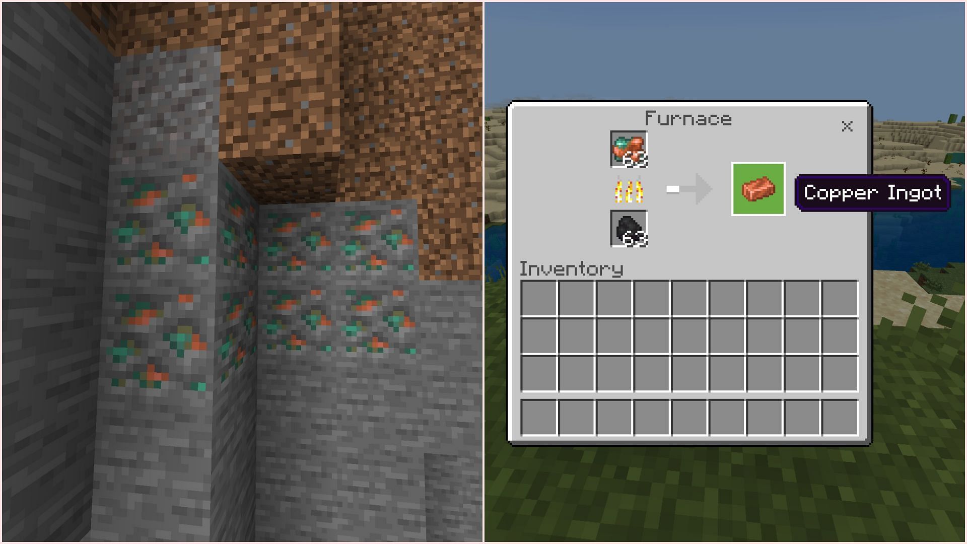 Raw copper can be obtained by mining and then smelted to receive copper ingots (Image via Sportskeeda Gaming || Mojang Studios)