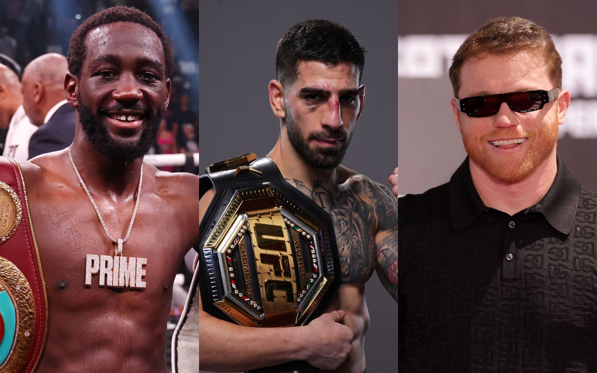 Ilia Topuria (middle) wants to fight either Terence Crawford (left) or Canelo Alvarez (right). [Image courtesy: Getty Images]