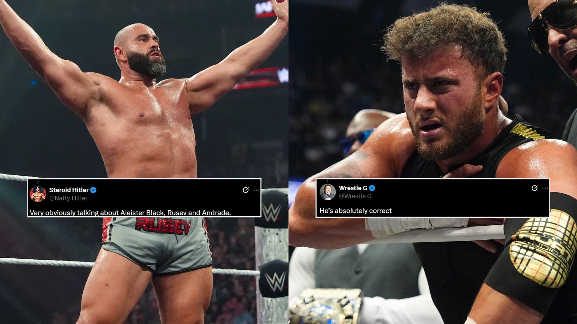 MJF is the longest reigning AEW World Champion and Rusev is a former TNT Champion [photos: AEW Official Website and wwe.com]