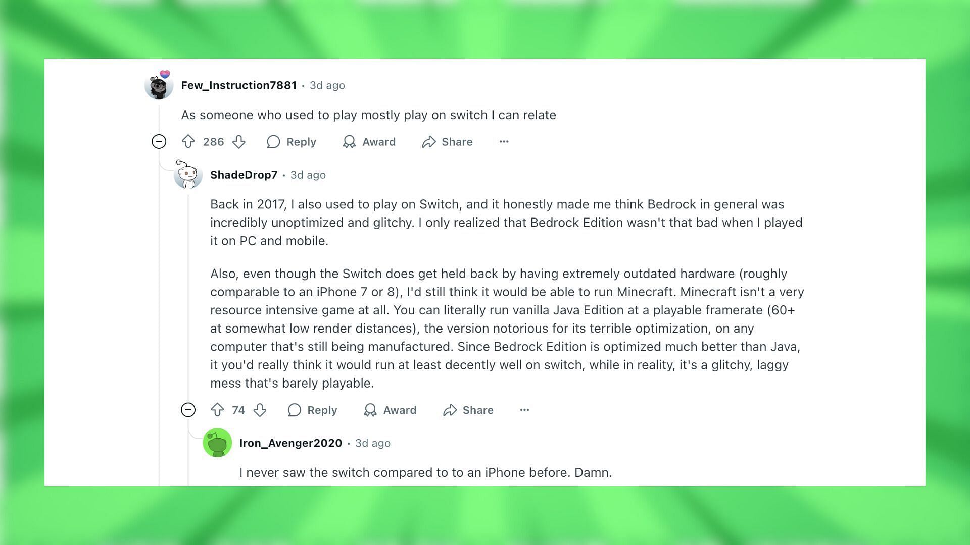 Redditors react to the laggy experience of Minecraft in Switch 2 (Image via Reddit)