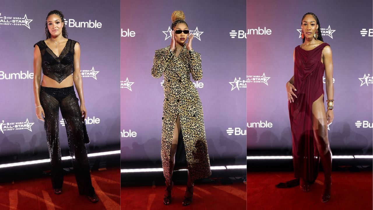 Top 5 show stopping WNBA outfits from 2025 All-Star orange carpet featuring Angel Reese. [photo: @WNBA/X]