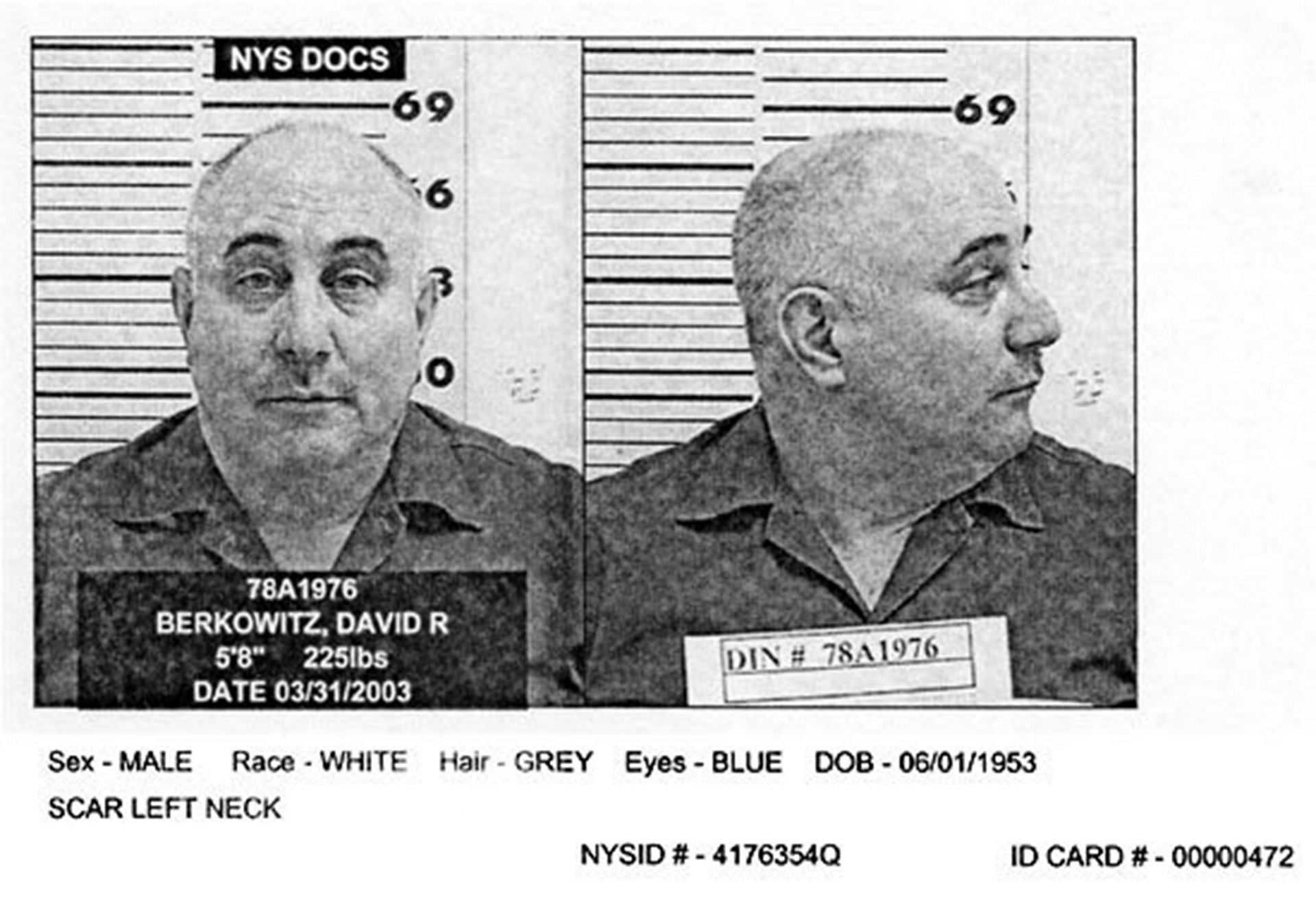 David Berkowitz Mug Shot - Source: Getty