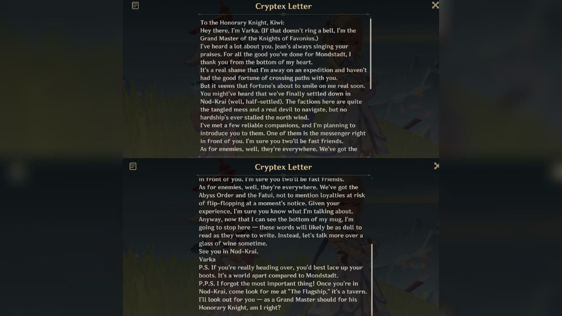 Varka&#039;s letter in the cryptex (Image via HoYoverse)