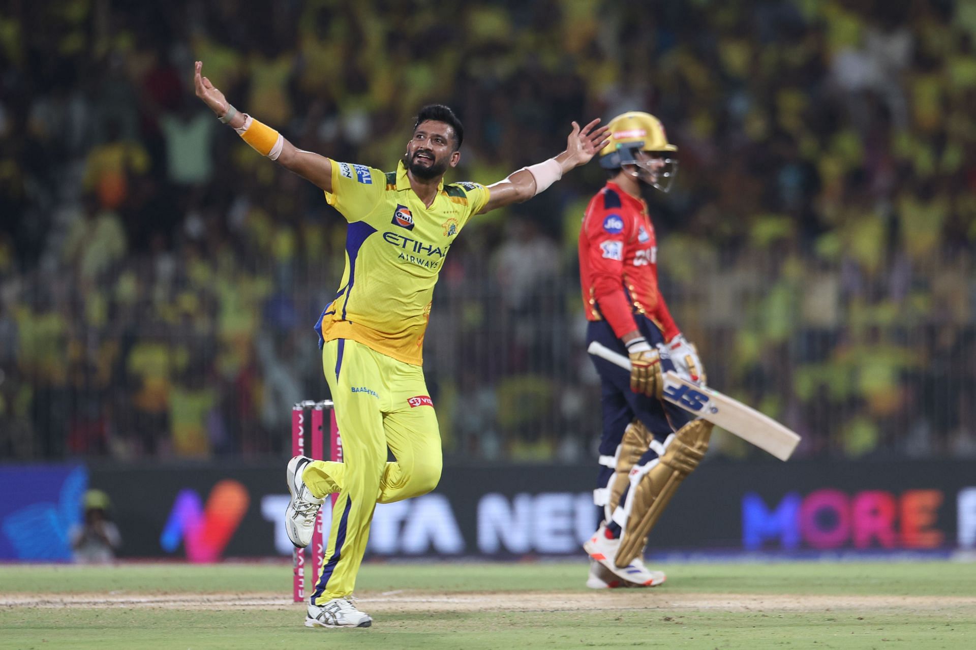 Khaleel Ahmed of Chennai Super Kings celebrates the wicket of Priyansh Arya of Punjab Kings during the 2025 IPL match between Chennai Super Kings and Punjab Kings at MA Chidambaram Stadium on April 30, 2025, in Chennai, India. (Photo by Pankaj Nangia/Getty Images)