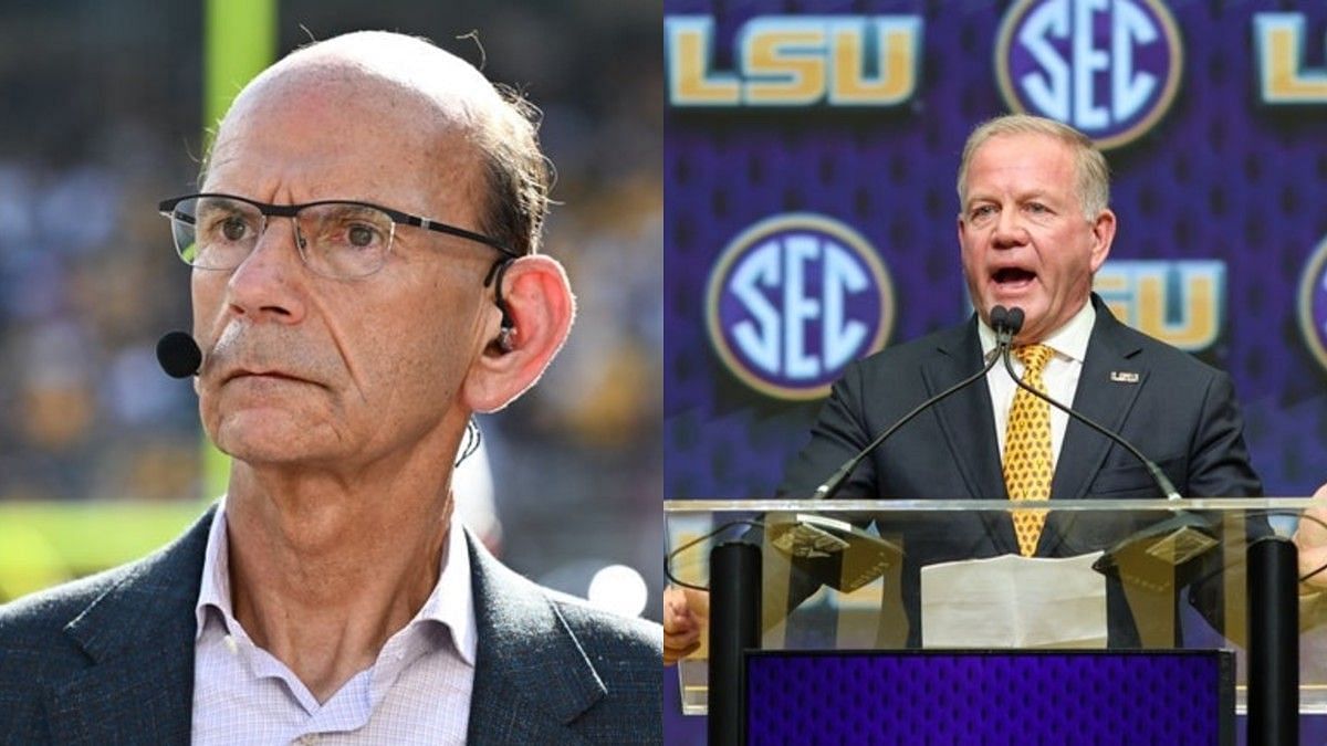 Paul Finebaum (L) Missouri at Texas A&amp;M &amp; Brian Kelly (R) SEC Media Day (Image Credits: Imagn)
