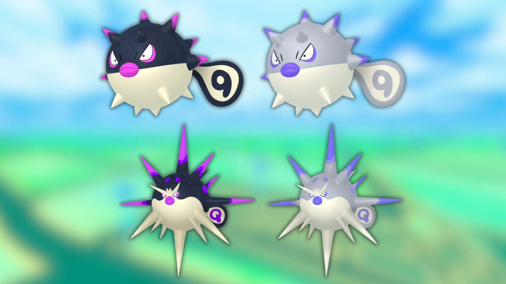 Linha de evolução Hisuian Qwilfish e variantes brilhantes (imagem via Pokemon Company)