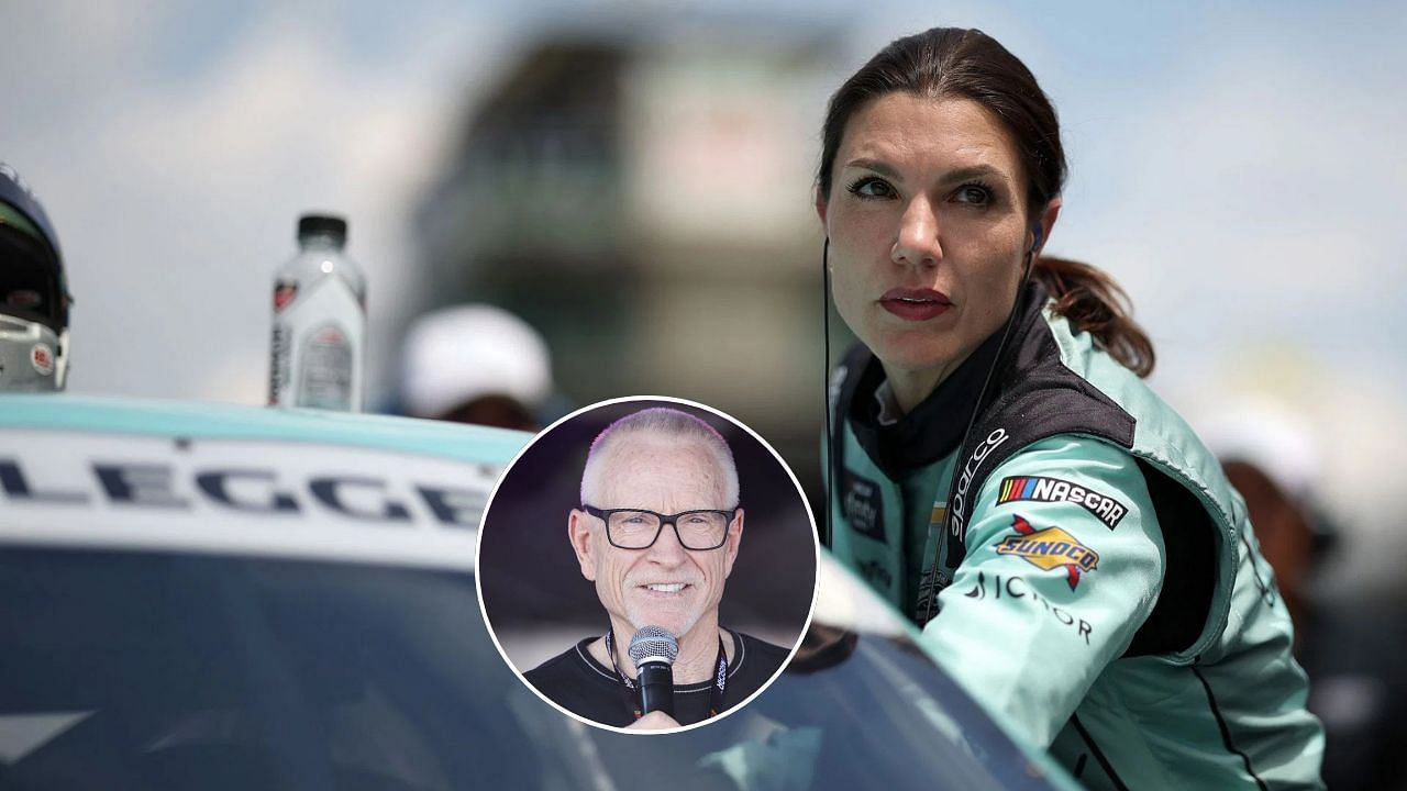 Katherine Legge, driver of the #32 Desnuda Tequila Chevrolet, prepares to qualify for the NASCAR Xfinity Series Pennzoil 250 at Indianapolis Motor Speedway on July 26, 2025 in Indianapolis, Indiana. (Photo by James Gilbert/Getty Images) and [Inset] Former NASCAR driver Mark Martin speaks to fans in the Neon Garage before for the NASCAR Cup Series Playoff South Point 400 on October 15, 2022, at Las Vegas Motor Speedway in Las Vegas, NV. (Photo by Jeff Speer/LVMS/Icon Sportswire via Getty Images)