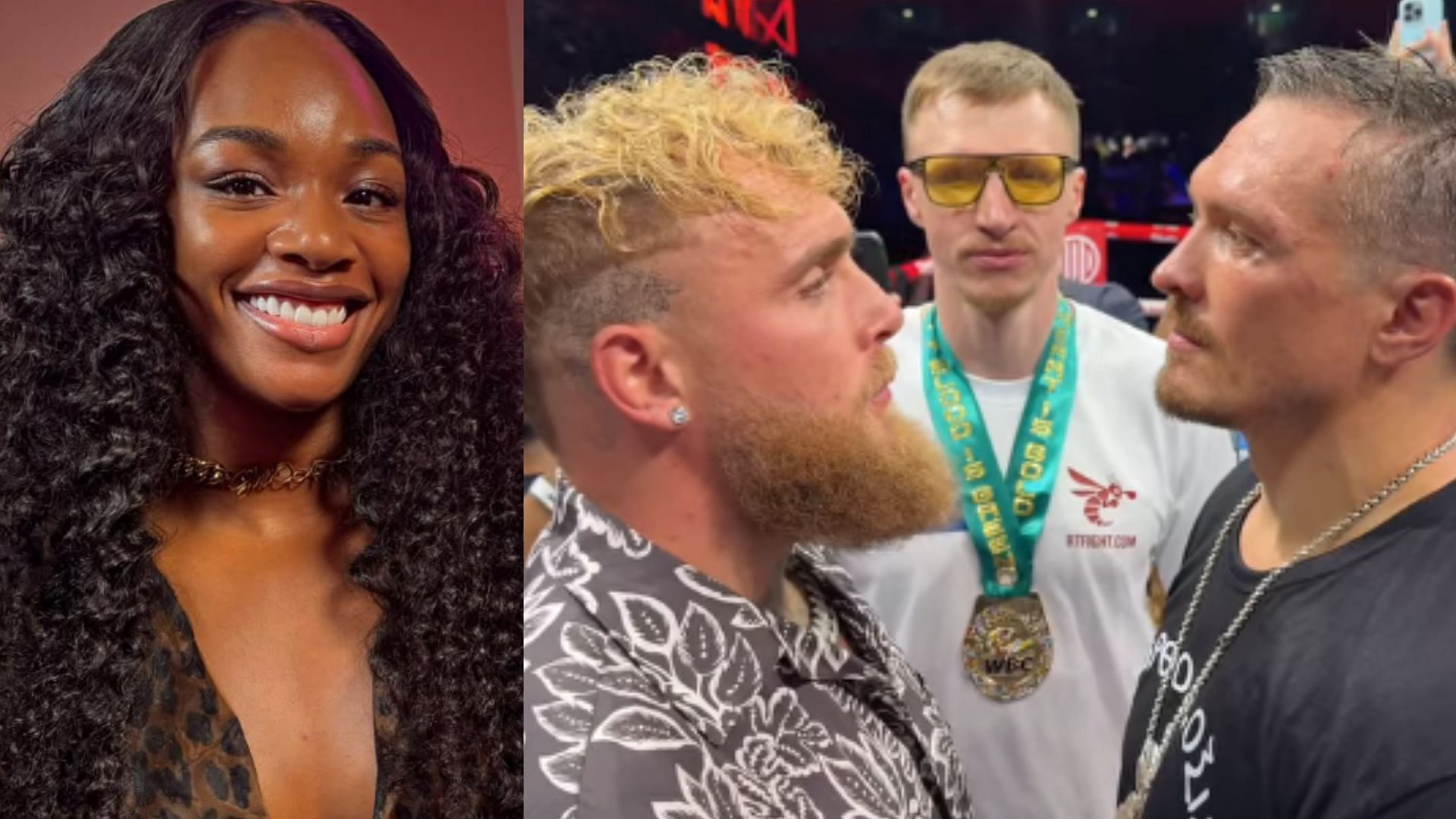 Claressa Shields (left) reacts as Jake Paul (middle) faces-off with Oleksandr Usyk (right). [Images courtesy: @claressashields and @jakepaul on Instagram] 