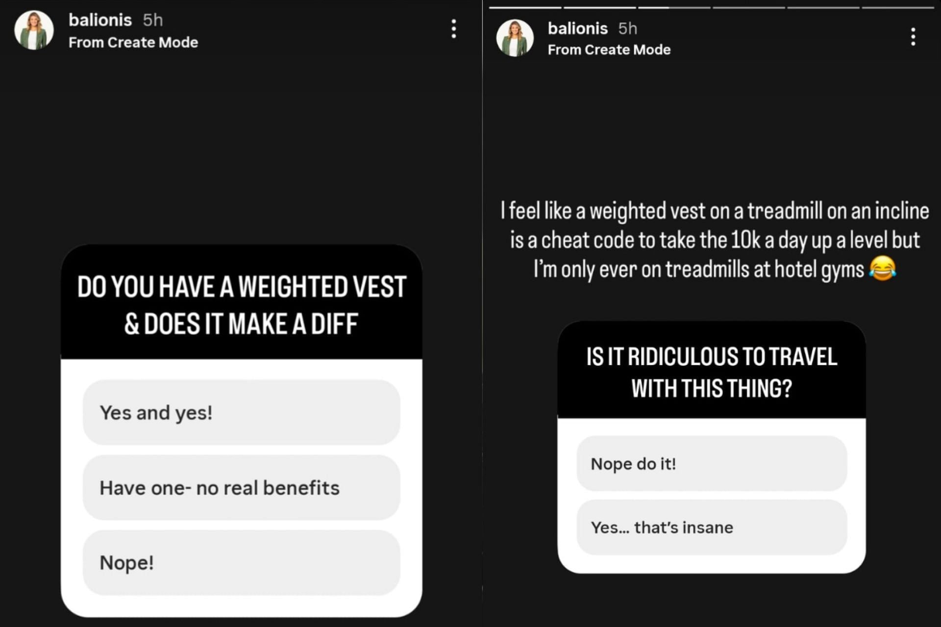 Screenshot of Amanda Balionis&#039; questions related to weighted vest (via @balionis)