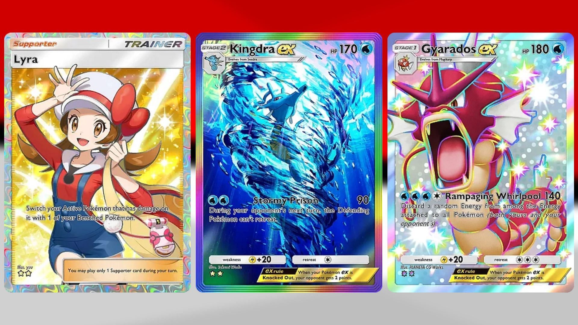 Lyra, Kingdra ex, and Gyarados ex in Wisdom of Sea and Sky (Image via TPC)