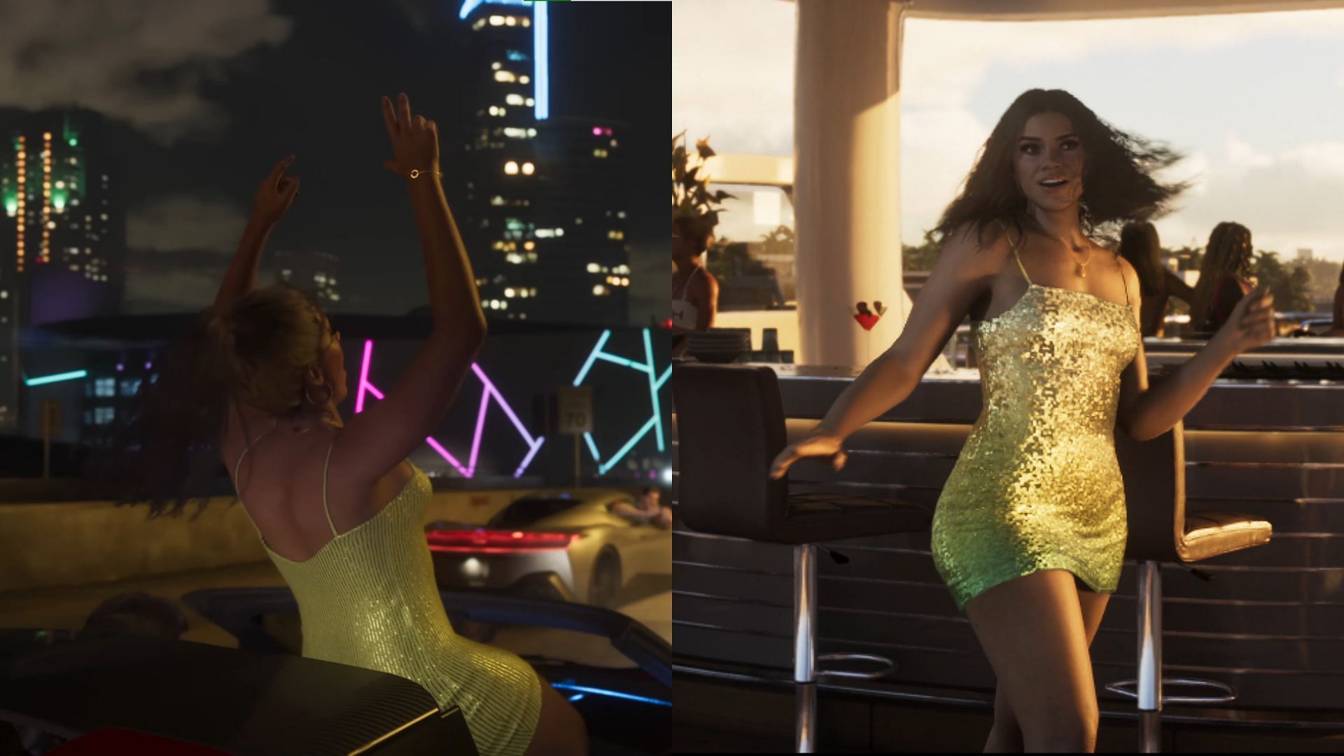 Lucia wearing the same golden outfit in GTA 6 trailers 1 and 2 (Images via Rockstar Games)