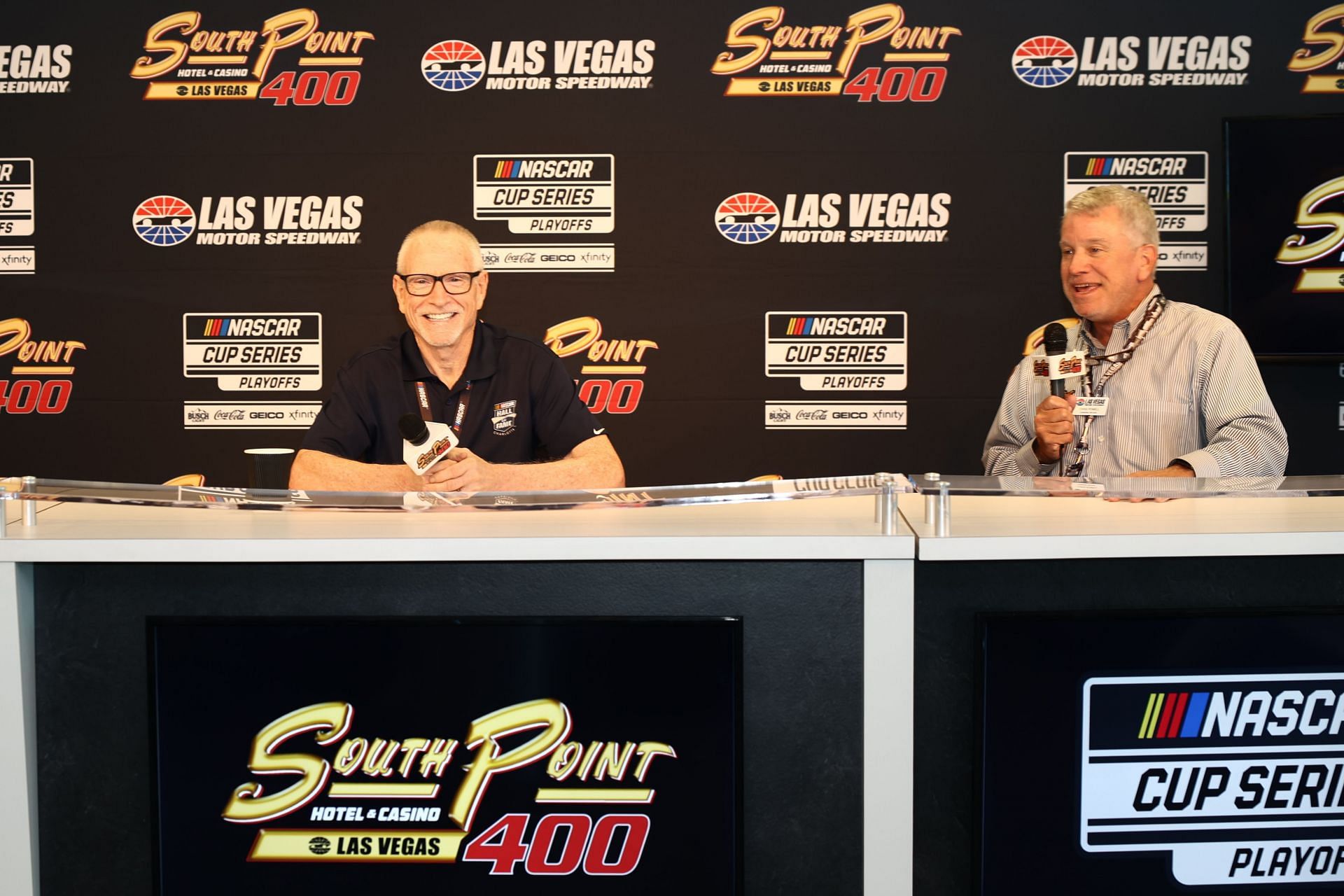 (L-R) Mark Martin and Las Vegas Motor Speedway president, Chris Powell, before the 2022 South Point 400. Source: Getty