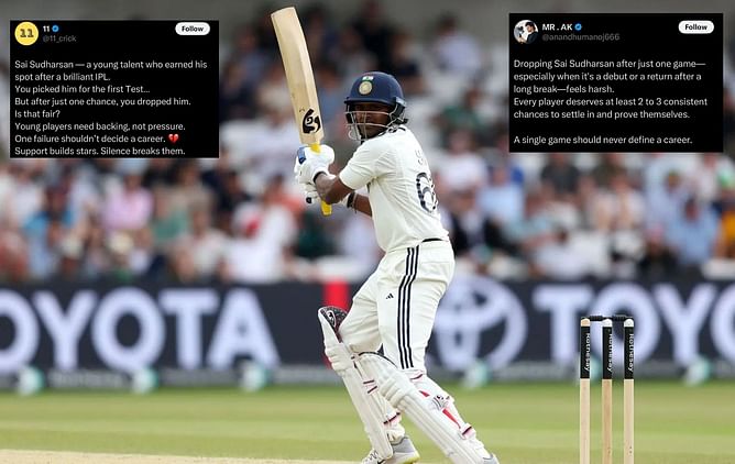 "Single game should never define a career" - Fans slam Indian team management as Sai Sudharsan gets dropped for ENG vs IND 2025 2nd Test