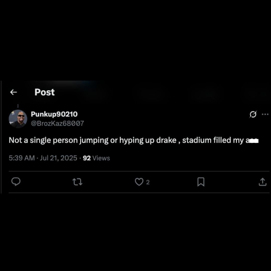 Fans took to X to react to Drake&#039;s performance (Image via X/@BrozKaz68007)