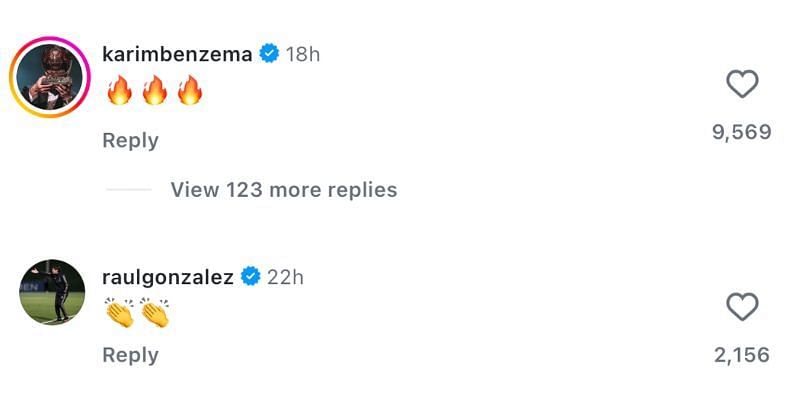 Karim Benzema and Raul&#039;s comments on Gonzalo Garcia&#039;s Instagram post