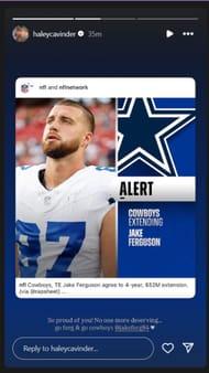 Haley Cavinder shows love to fiance after NFL star's contract extension at Dallas. IG story image via @haleycavinder