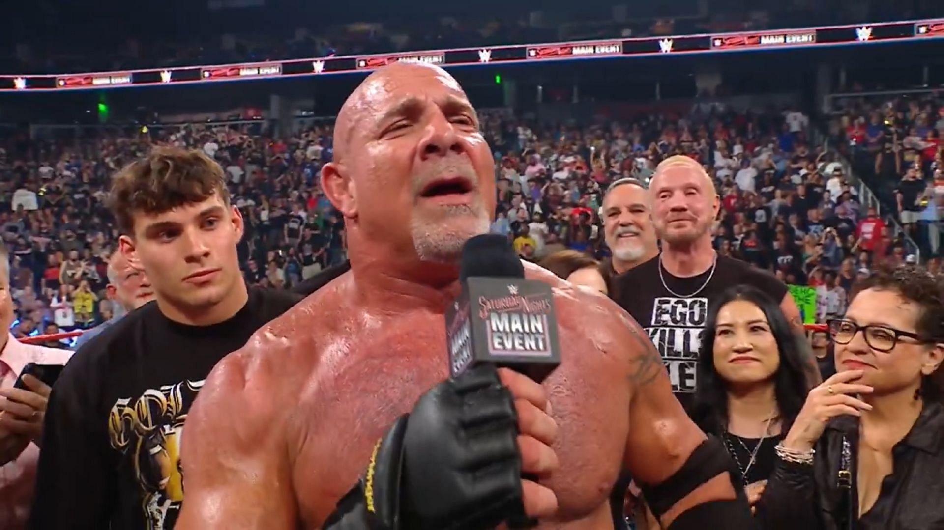 Fans watching live might have missed most of Goldberg&#039;s final message. (Image Credit: WWE on X).