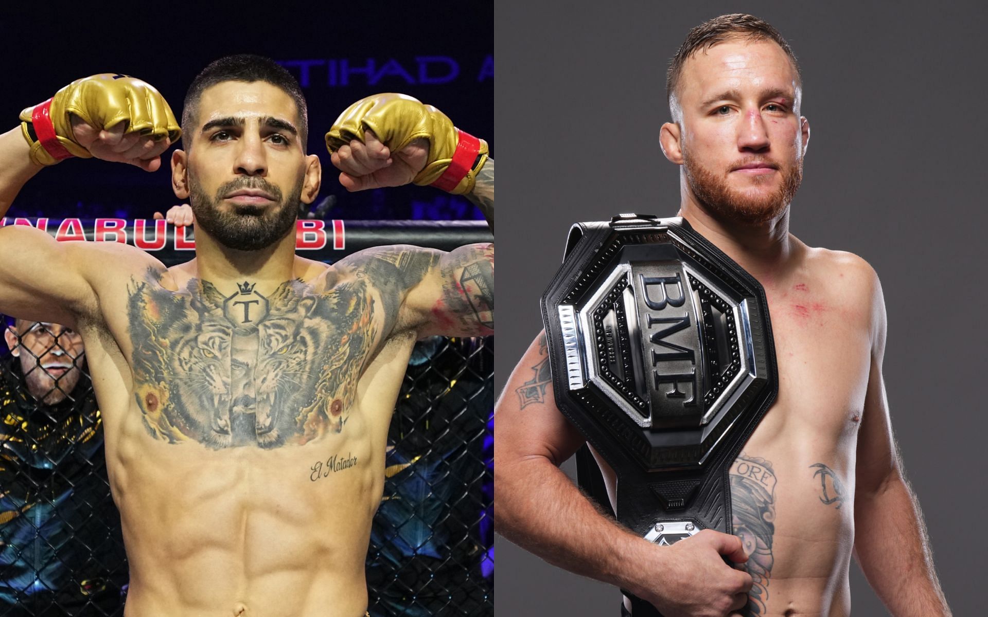 Justin Gaethje (right) talks Ilia Topuria (left) fight aspiration. [Images courtesy: Getty Images]